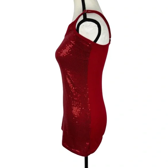 Womens Sequin Spaghetti Cami Top S Red Night Out Club Party Y2K Coquette Sparkle - Picture 4 of 9